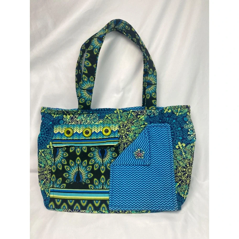 Handmade Peacock-Pattern Quilted Tote Bag – Blue/Green‎ Fabric – 13" x 5" x 10" - Picture 2 of 11